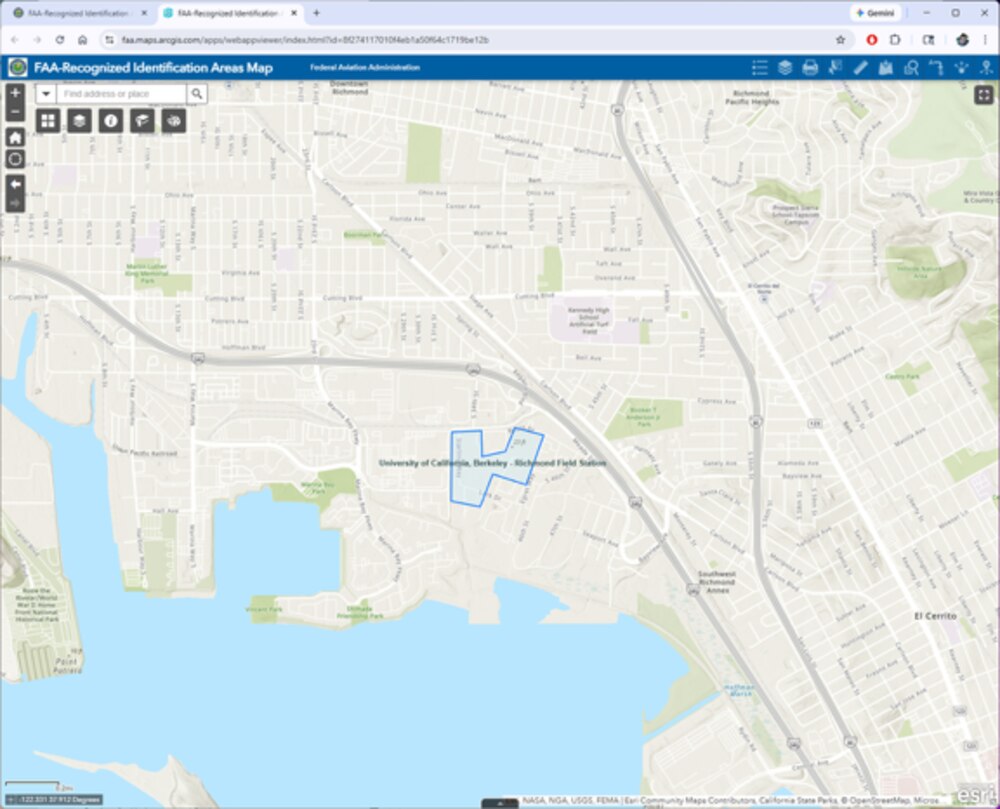 Screenshot of the FAA-Recognized Identification Areas map, showing the Richmond Field Station boundary