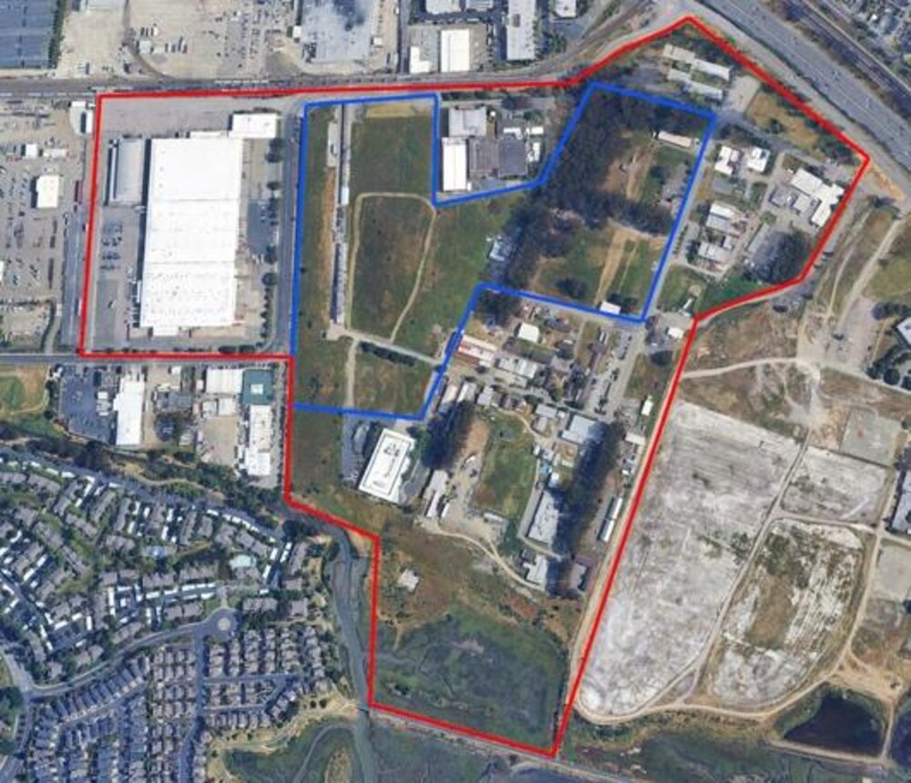 Aerial map of the Richmond Field Station site with drone flight zones outlined in red and blue