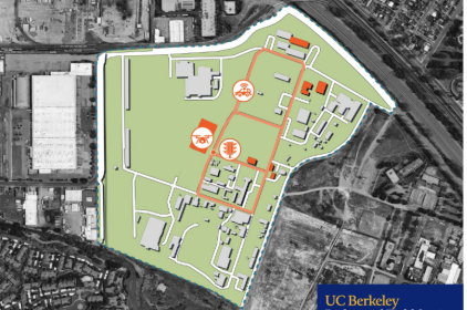 Aerial site plan of Richmond Field Station with the Berkeley Mobility Hub's testbed zones outlined in orange